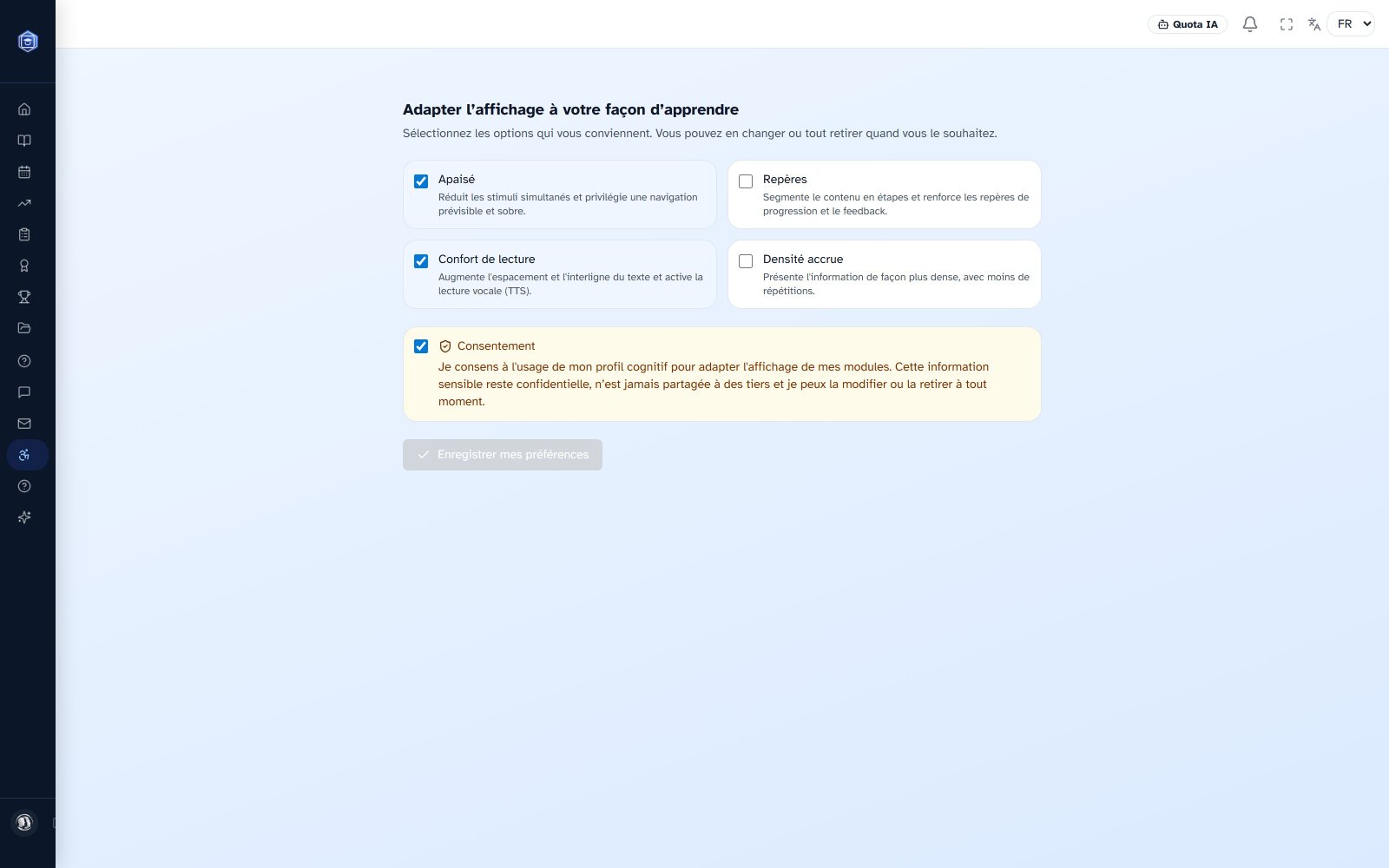 La page « Adapter l’affichage à votre façon d’apprendre » du portail apprenant, options de lecture et consentement