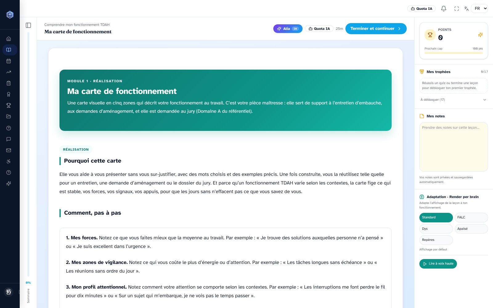 AlterLearn, leçon en affichage standard