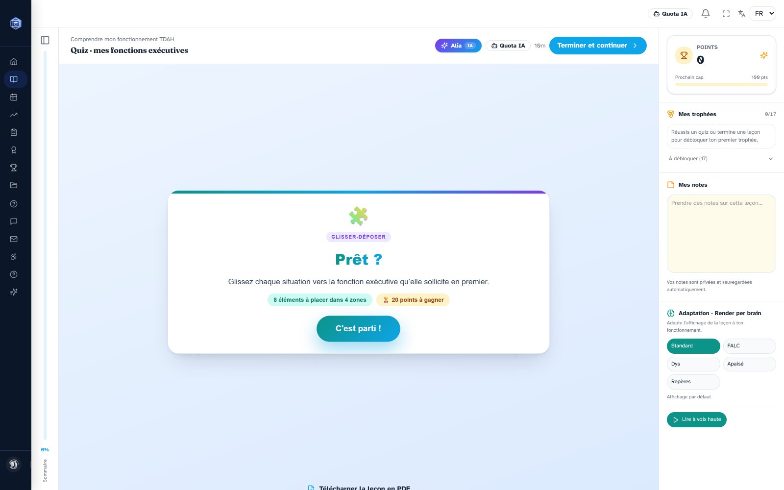 Un quiz du parcours TDAH dans AlterLearn, prêt à démarrer