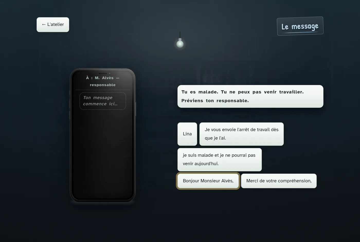 La Plume. Un message professionnel qui s’écrit fragment par fragment, sur l’écran du téléphone.
